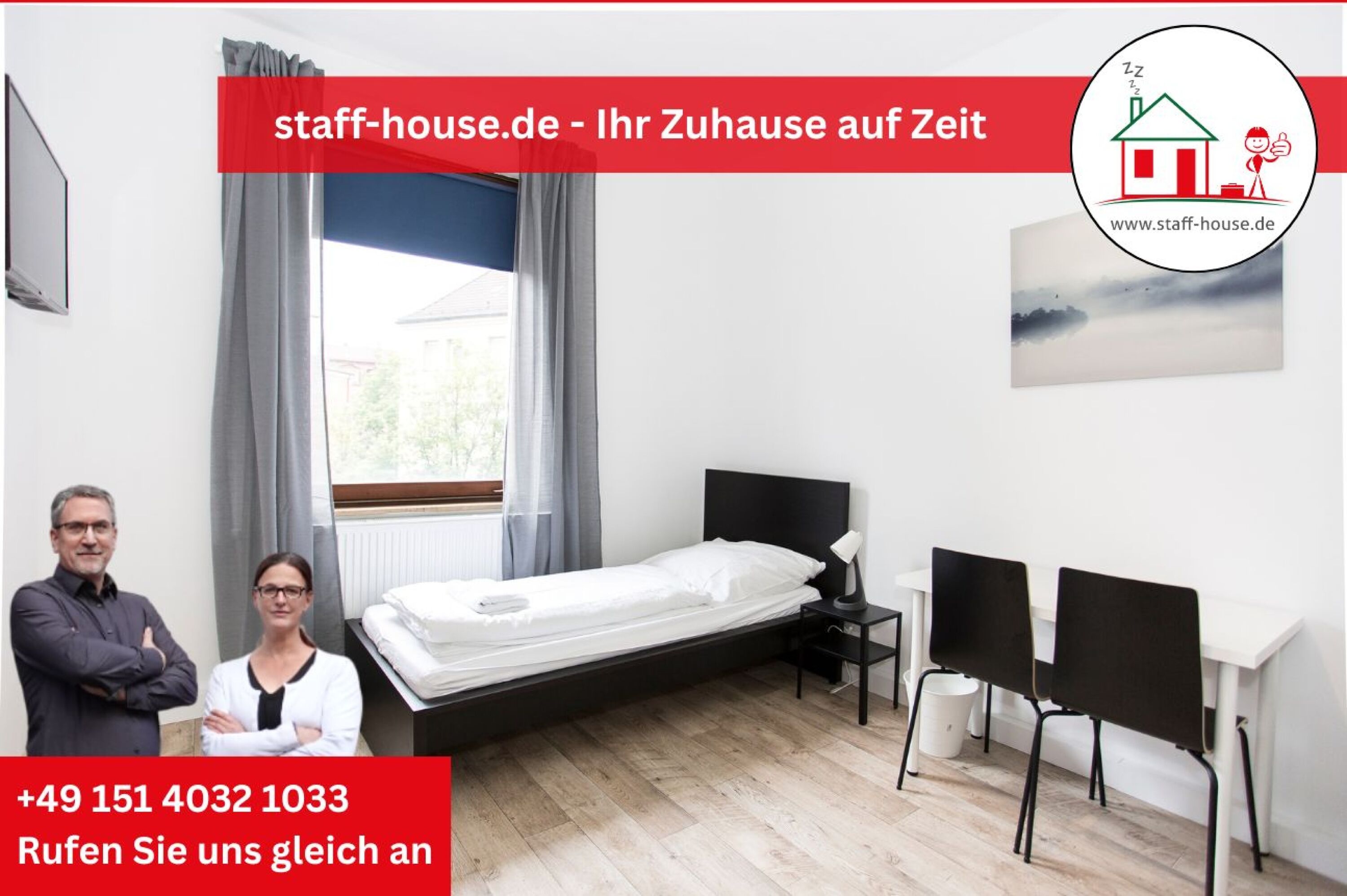 MonteurZimmer - 3 Zimmer mit Balkon für 6 Personen, Waschmaschine, Küche, Bad und WLan
