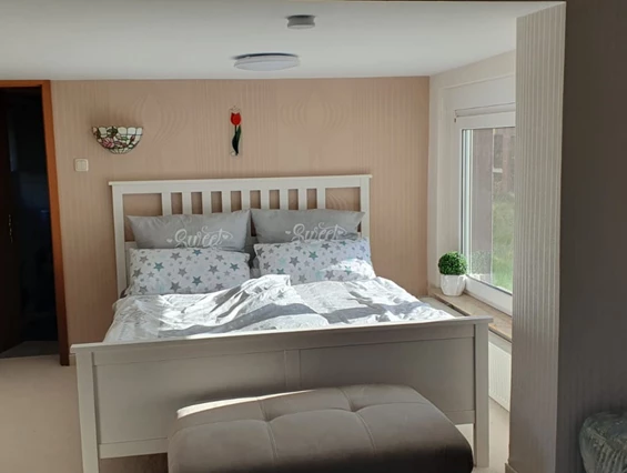 MonteurZimmer: Doppelbett im Wohn- und Schlafraum - FeWo Bienchen