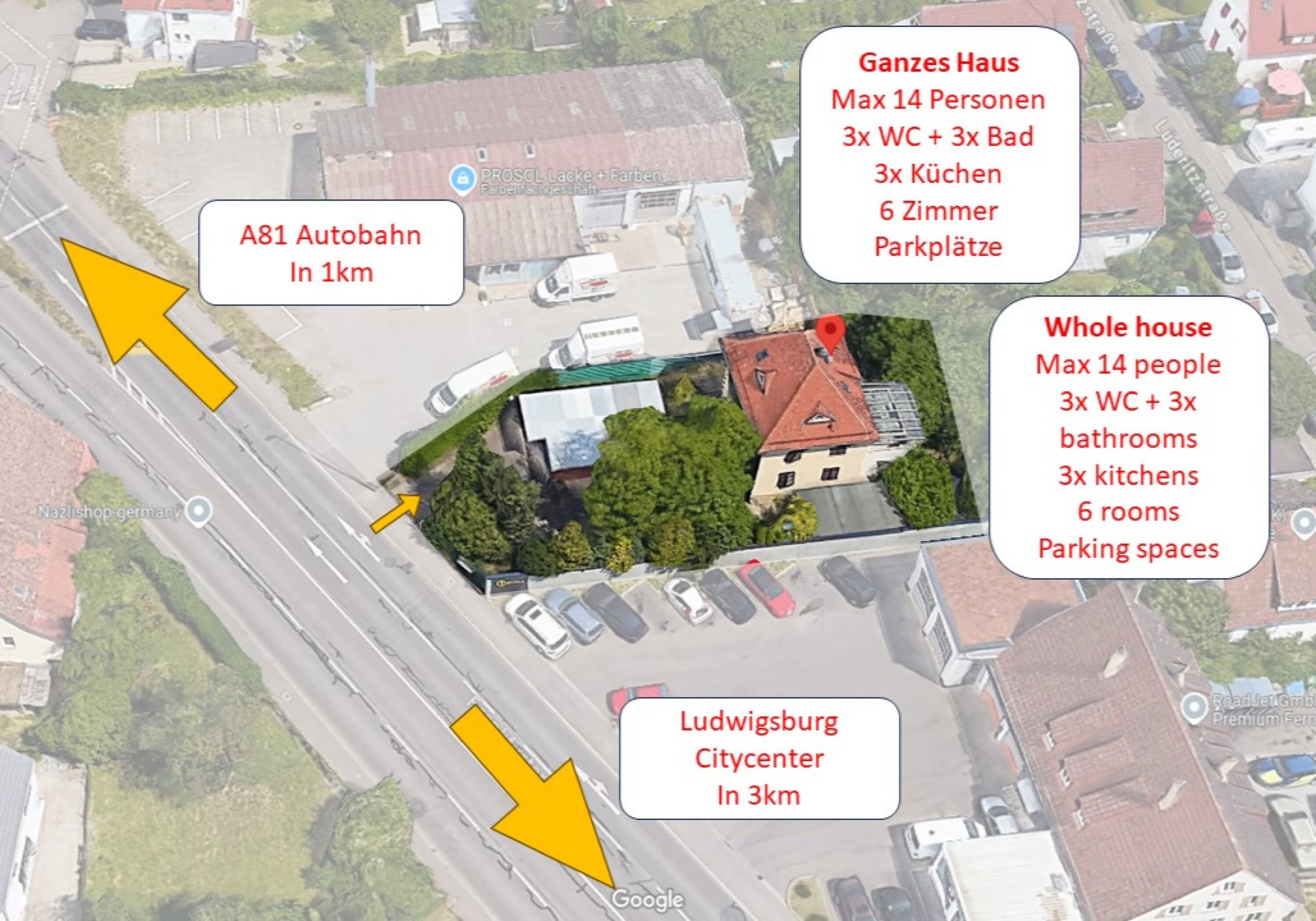 Monteur-Zimmer - Baden-Württemberg - Komplettes Haus für 14 Pers., Parkplätze, 1km zur Autobahn