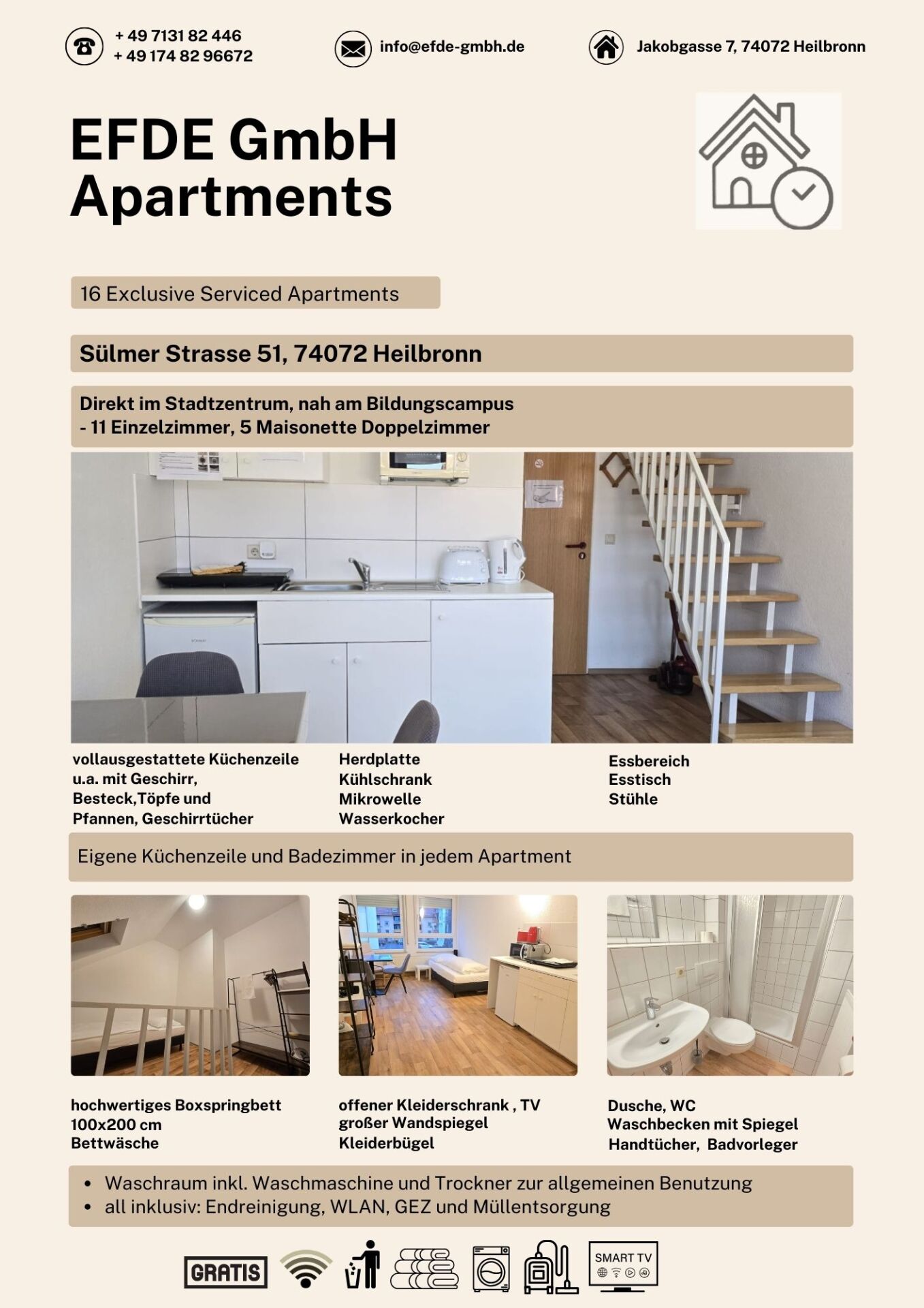 Monteur-Zimmer - Baden-Württemberg - Apartments EFDE GmbH Monteurwohnungen in HEILBRONN in 74072 Heilbronn