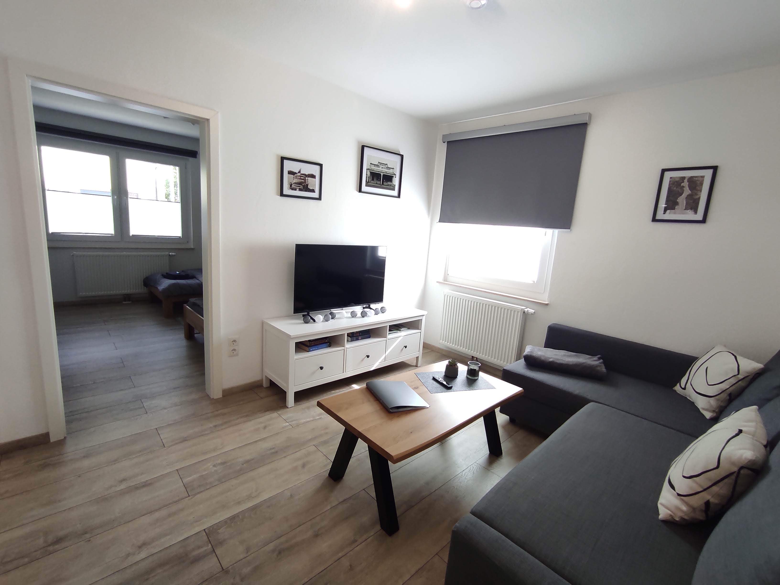 Monteur-Zimmer - Zahlungsarten: Auf Rechnung - Deutschland - Wohnzimmer mit Fernseher und Couch - Ferienwohnung "Am Rathaus" in 66849 Landstuhl