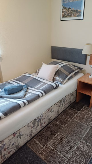 MonteurZimmer: Einzelzimmer mit Nachtisch und Lampe  - Pension Hubertus 