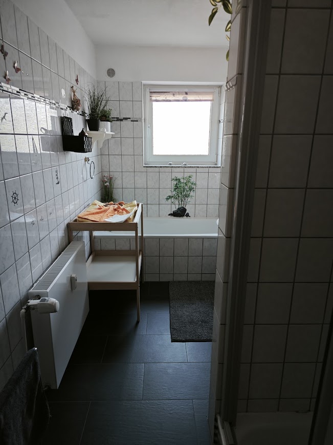 MonteurZimmer: Tageslichtbad mit Dusche und Badewanne (optional mit Wickeltisch) - Ferienwohnung Leineblick