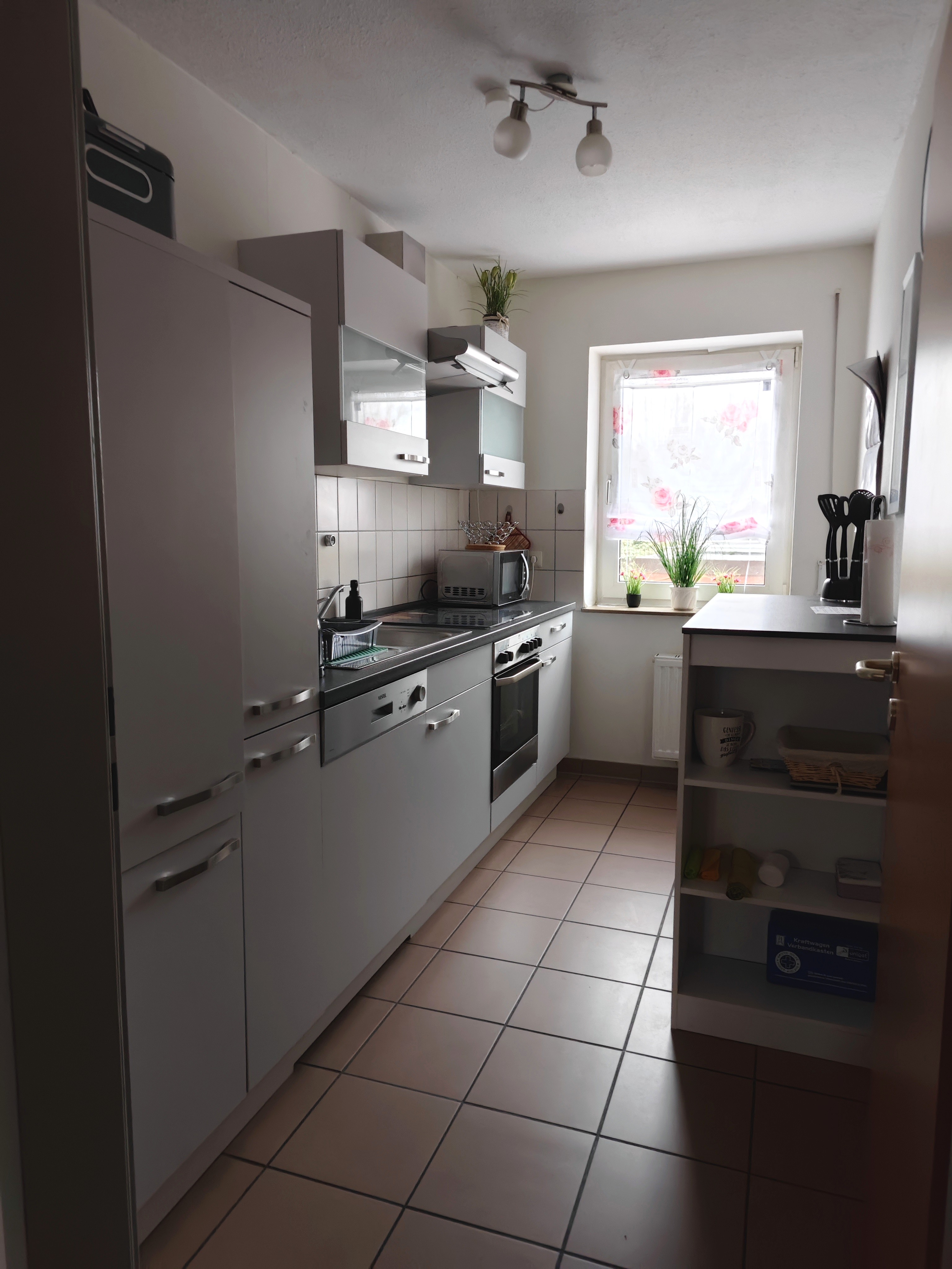 MonteurZimmer: Küche mit Kühlschrank, Herd, Geschirrspüler, Mikrowelle, Kaffeemaschine, Wasserkocher, Toaster - Ferienwohnung Leineblick