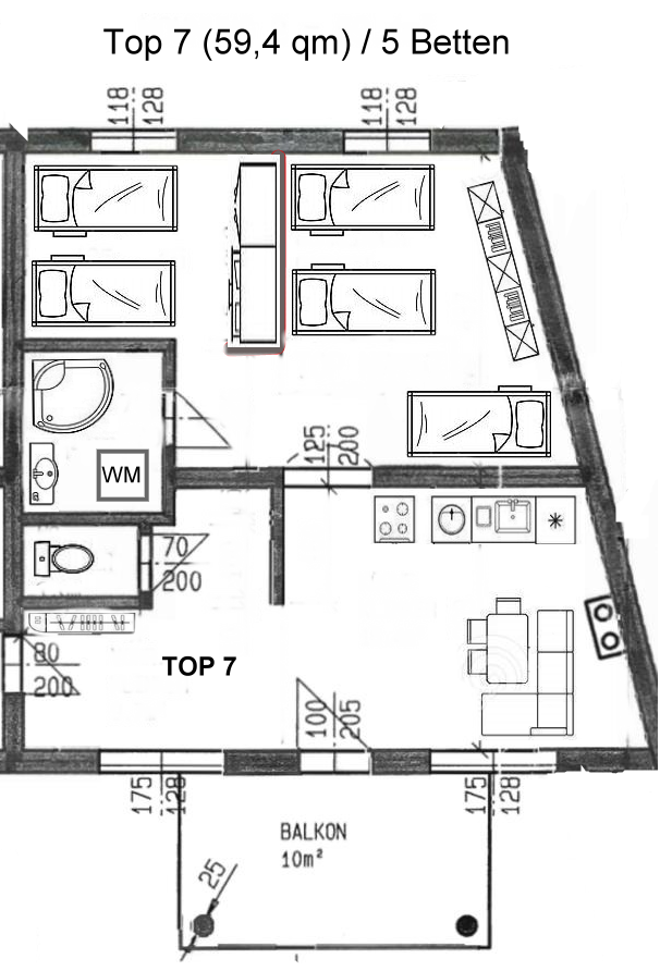 MonteurZimmer: Top 7: Grundriss - APARTMENTHAUS RATZERSDORFER SEEN in 3100 Sankt Pölten / 5 Monteurwohnungen