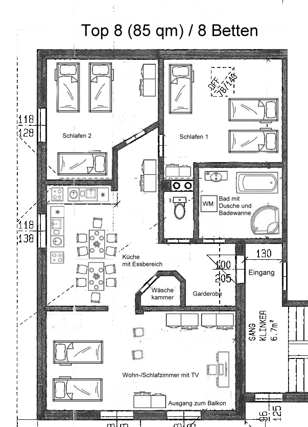 MonteurZimmer: Top 8: Grundriss - APARTMENTHAUS RATZERSDORFER SEEN in 3100 Sankt Pölten / 5 Monteurwohnungen
