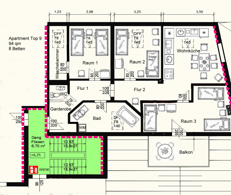 MonteurZimmer: Top 9: Grundriss - APARTMENTHAUS RATZERSDORFER SEEN in 3100 Sankt Pölten / 5 Monteurwohnungen