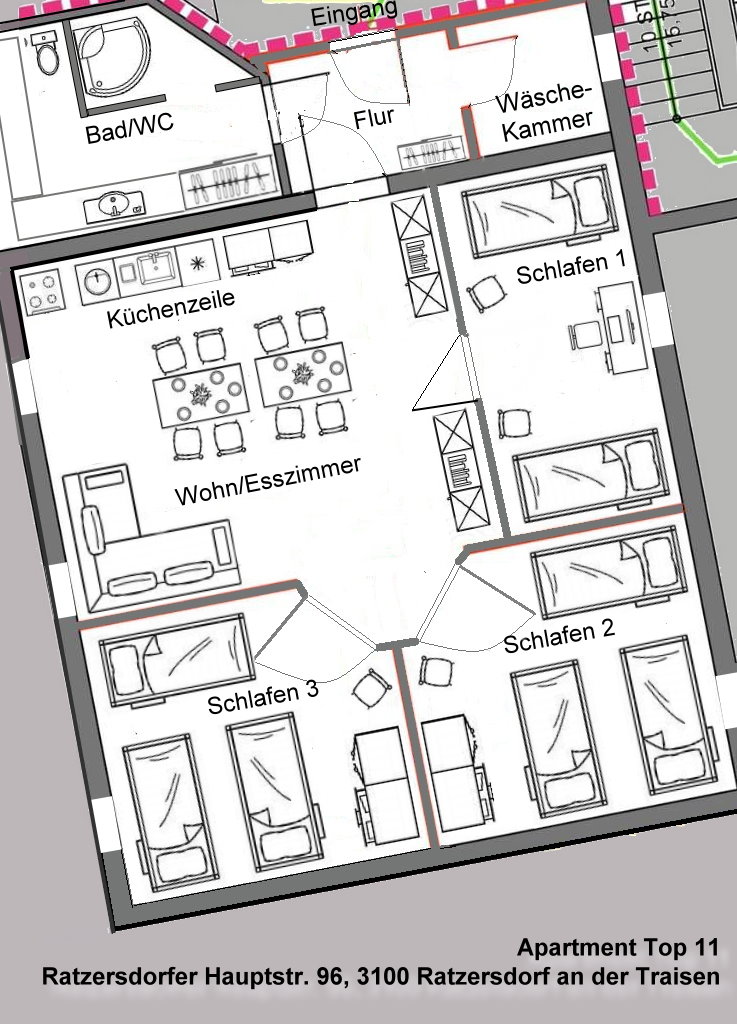 MonteurZimmer: Top 11: Grundriss - APARTMENTHAUS RATZERSDORFER SEEN in 3100 Sankt Pölten / 5 Monteurwohnungen